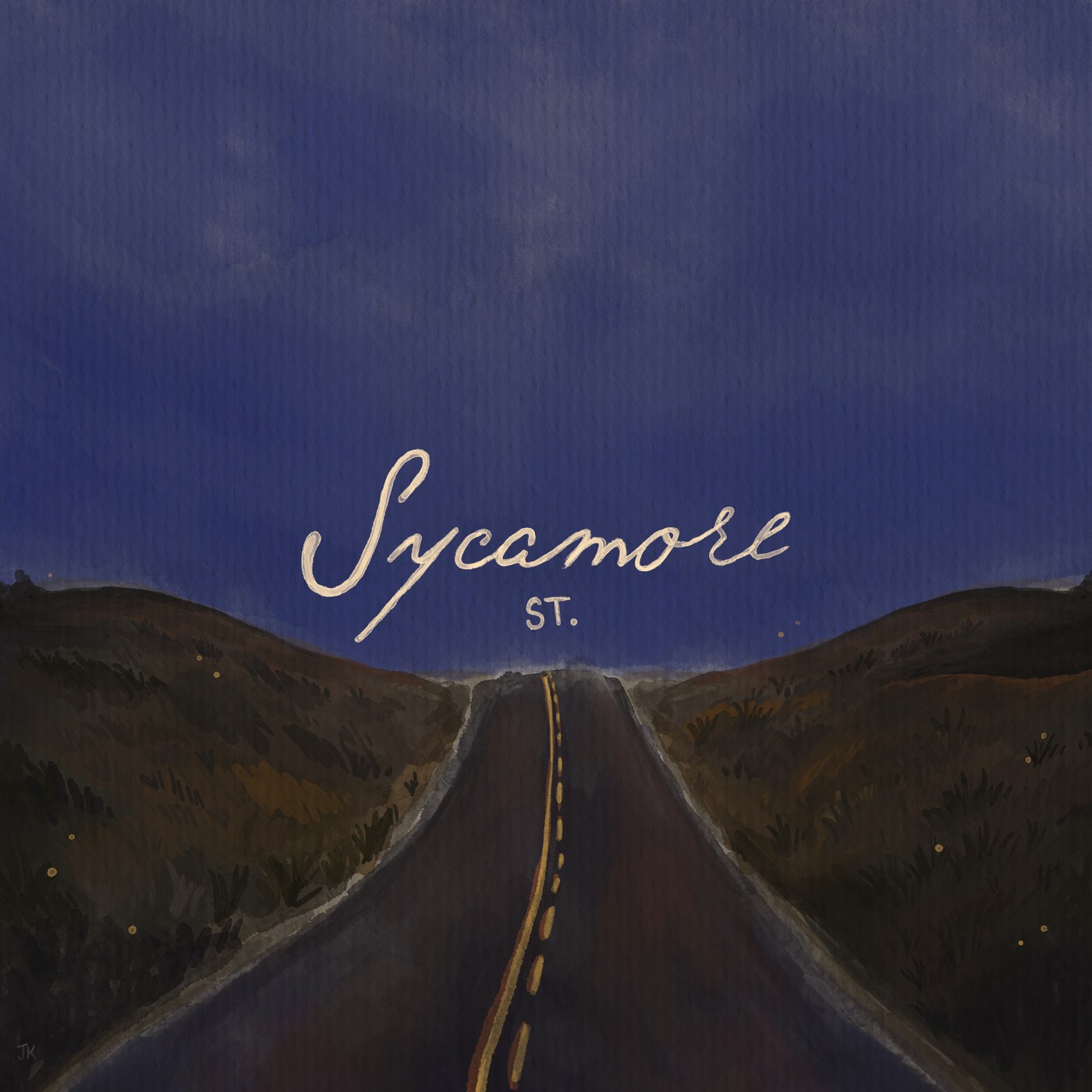 Album cover for Sycamore St. by Levi Collins: a painted empty road under a deep blue night sky with the title in hand lettering