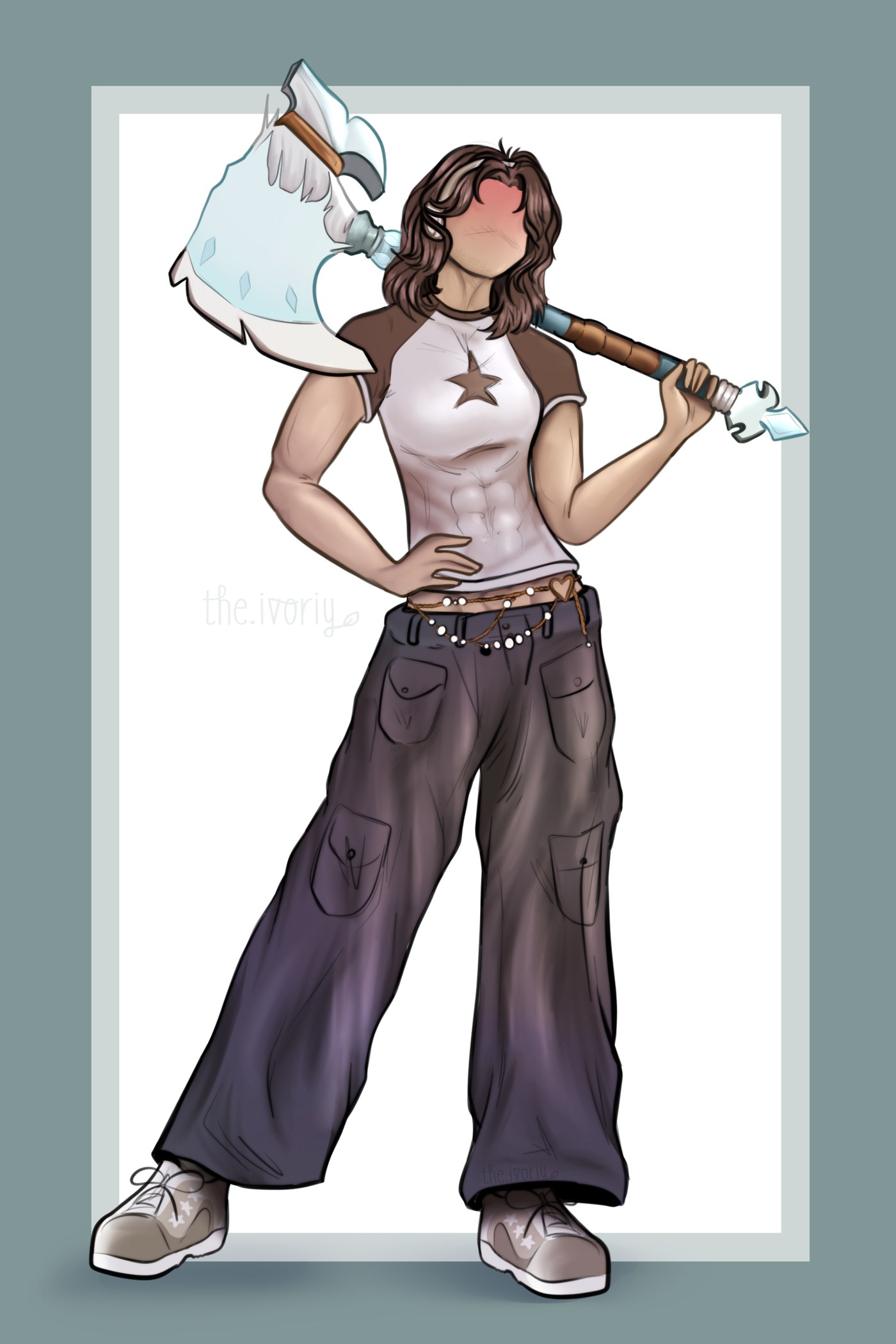 Digital character illustration of a young woman in a star baseball tee and wide cargo pants, resting a large ice axe on her shoulder