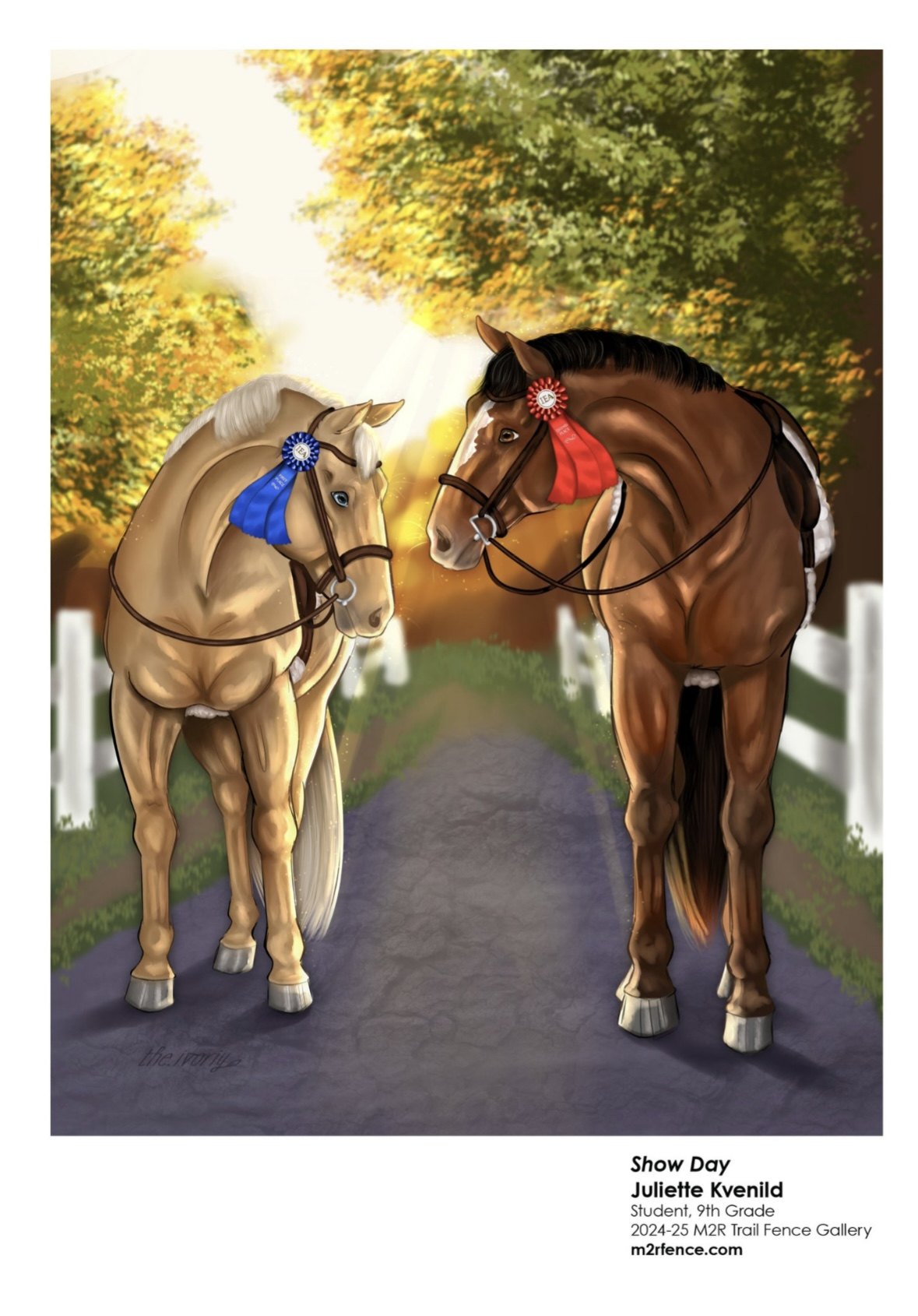 Show Day, Juliette's digital painting of a palomino and a bay horse wearing IEA ribbons on a sunlit lane, from the 2024-25 M2R Trail Fence Gallery