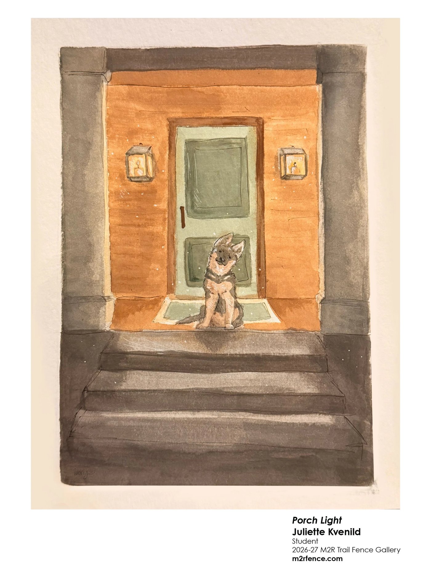 Porch Light, Juliette's watercolor of a puppy sitting on a lantern-lit front porch, from the 2026-27 M2R Trail Fence Gallery