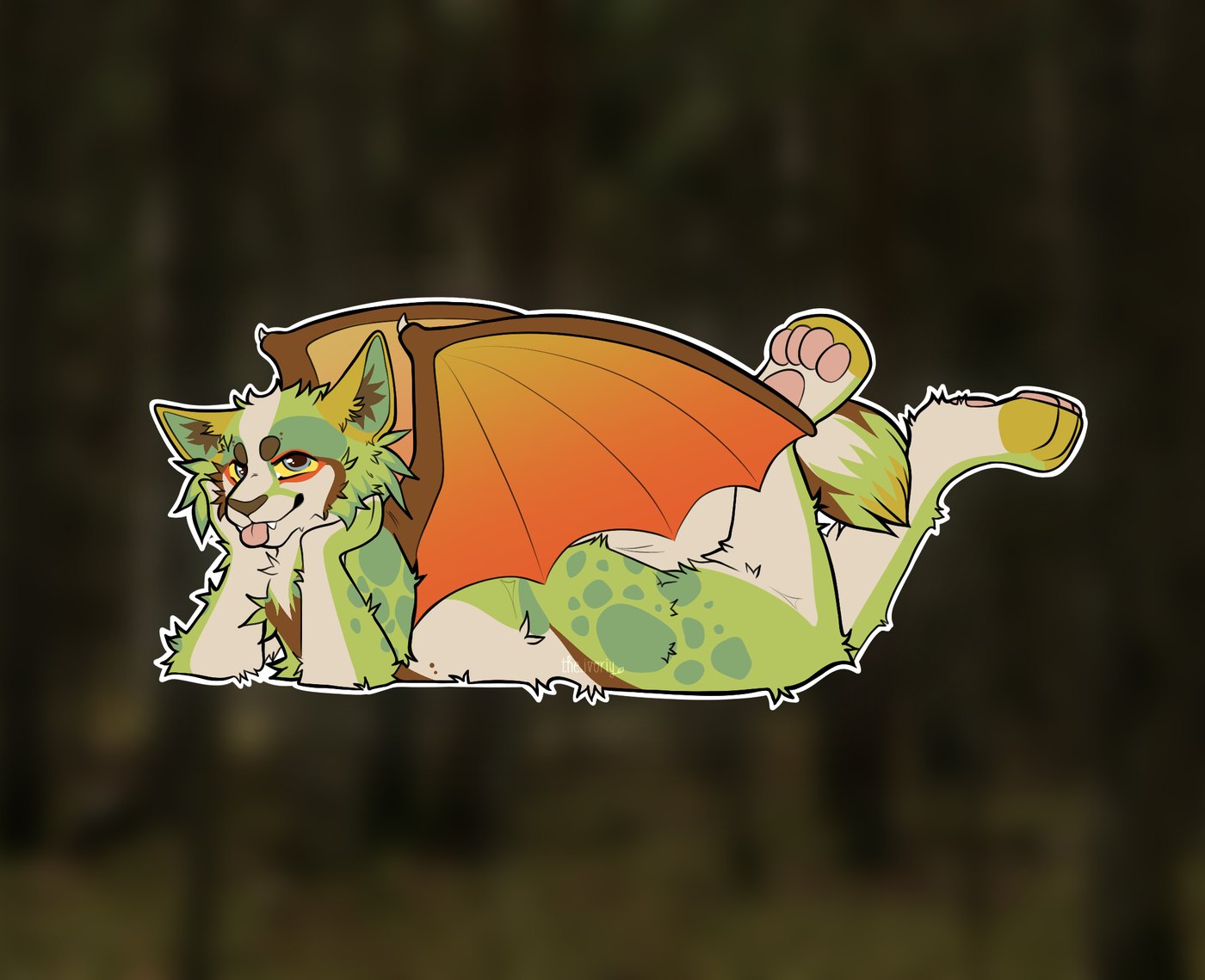 Commissioned character illustration of a green winged creature with orange bat wings, lying down with its chin in its paws
