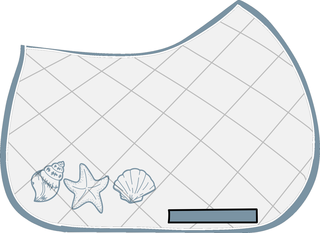 Juliette's design drawing of the same saddle pad, with blue trim and seashell embroidery