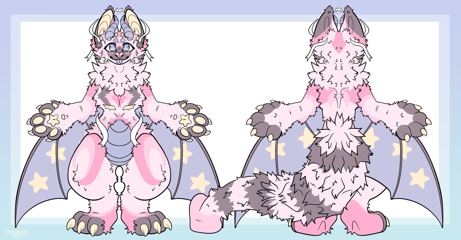 Character reference sheet showing front and back views of a pink winged creature with starry wings