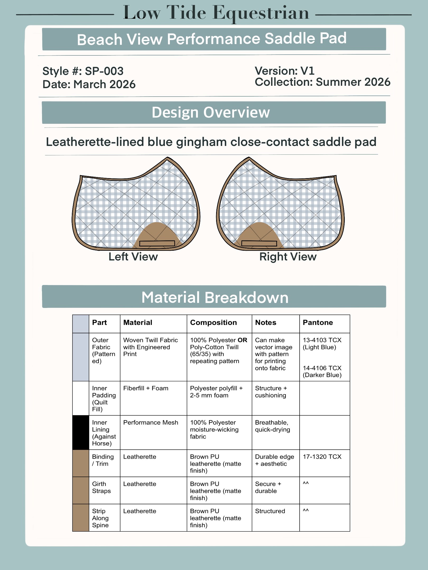 Low Tide Equestrian tech pack for the Beach View Performance Saddle Pad, with left and right views and a material breakdown