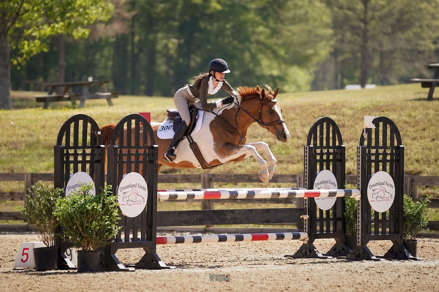 Juliette jumping her paint pony over a fence at a show